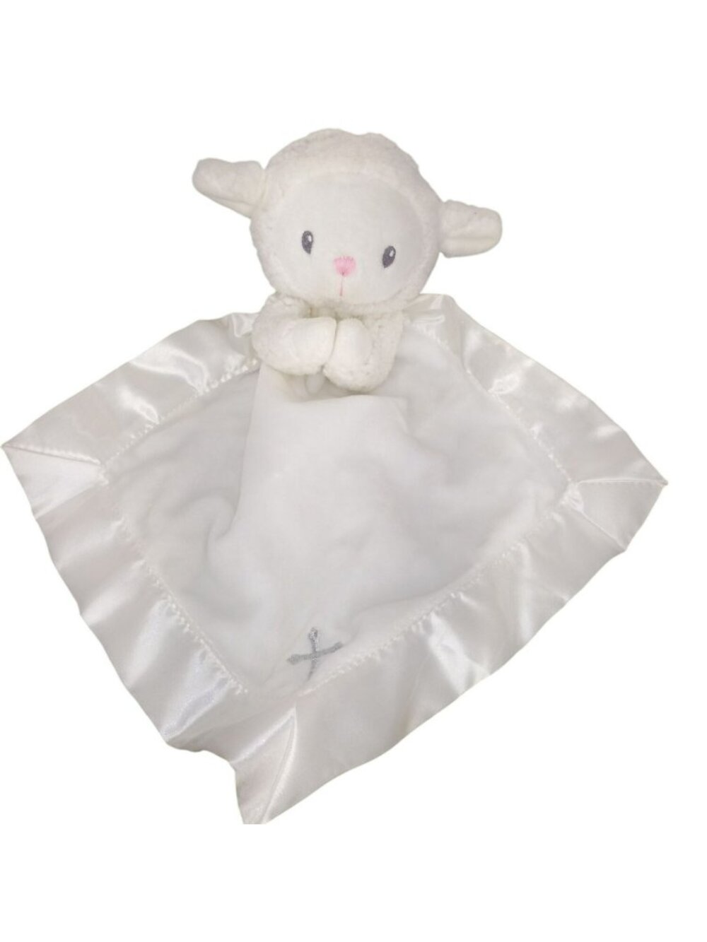 Baby Aspen Plush Lamb Lovey Security‎ Blanket With Satin Trim & Cross Embroidery